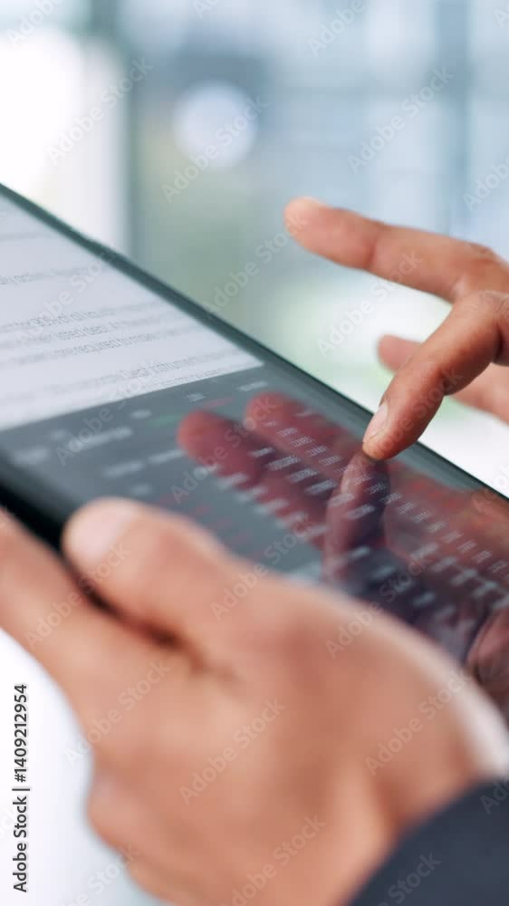 Leinwandbilder hands, tablet screen and website for trading online with investment, stock exchange and statistics. 
