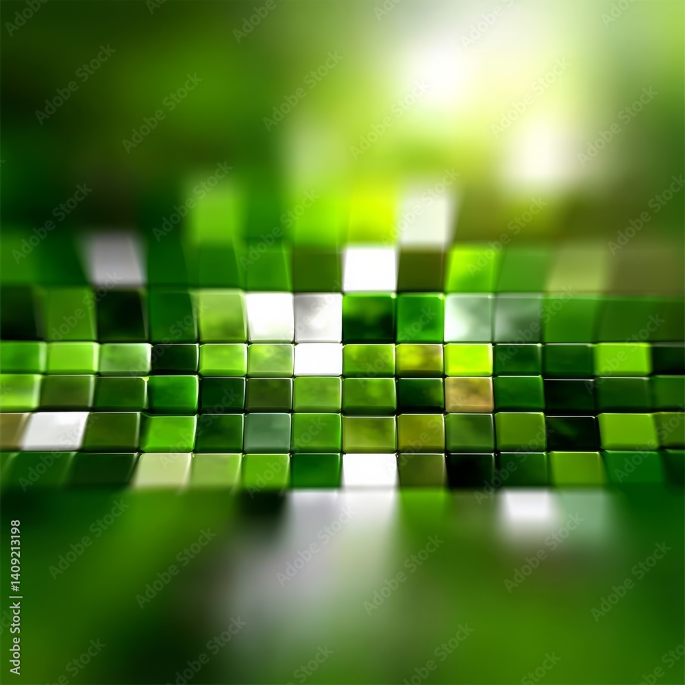 Poster green pixelated landscape: abstract mosaic of emerald and white tones with a soft focus gradient