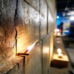 Illuminated Memory: A Row of Candles Flickering Against a Textured Concrete Wall, Casting a Warm Glow in the Dim Space.