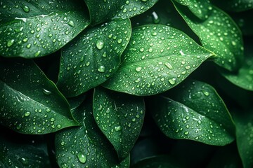 Fototapeta premium Close-up of green leaf with water drops, macro photography of fresh spring or summer plant texture, with ample space for text.