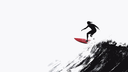 The image is a stylized illustration depicting a silhouette of a surfer riding a wave. The surfer is rendered in black, creating a strong contrast against the white background.
