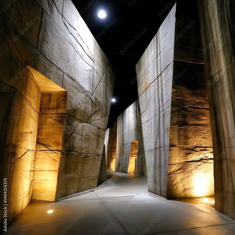 Poster mysterious passage: illuminated hallway between stone walls with geometric shapes and contrasting li