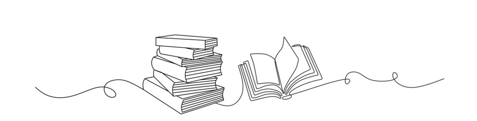 One Line art concept of open book and stacked books. black lines on transparent background. Graphics for business
