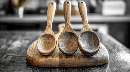 Wooden spoons on cutting board in rustic kitchen setting