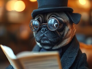 Pug dog wearing glasses and a top hat reading a book indoors.