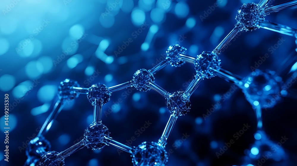 Wall mural abstract blue molecular structure science background image 3d atom data dark model shiny light vivid