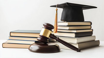 Gavel law books, graduation cap legal proceedings. Law  school graduation with symbolic a gavel. Law graduate bilder with graduate cap on books in a library, an academic law, law school completion. 