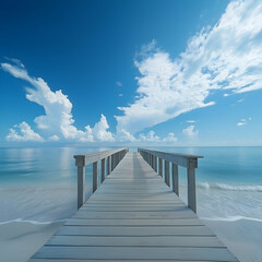Obraz premium Serenity of the wooden pier leading to a tranquil ocean under a vast blue sky filled with clouds Generative AI