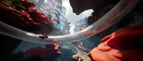 Futuristic Racing Track Inside a Transparent Tube