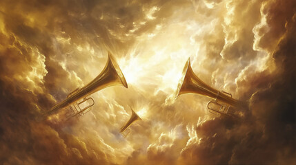 Nativity judgment day trumpets sound. Artistic depiction of trumpets, horns emerging from  golden, glowing clouds light angels choir callings 