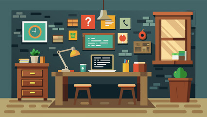 A vintage wooden desk in a converted garage backed by a wall of coding books posters and inspirational quotes.. Vector illustration