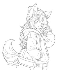 Black and white line art for coloring a cute anime girl with ears.