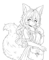Black and white line art for coloring a cute anime girl with ears.