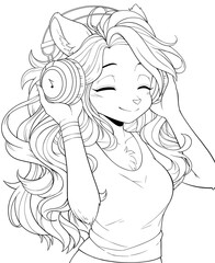 Black and white line art for coloring a cute anime girl with ears and headphones. Anime cat girl with long hair listens to music.