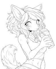 Line art of anime wolf girl for coloring. Coloring page of anime wolf girl in modern youth style holding glass with drink in hand.