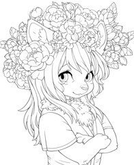Black and white line art for coloring a cute anime girl with ears and a wreath of flowers on her head. Anime cat girl with long hair and a contented expression on her face.