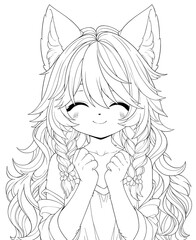 Black and white line art for coloring a cute anime girl with ears. Anime fox girl with long hair and a contented expression.