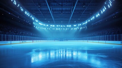 Empty ice hockey arena lit by spotlights