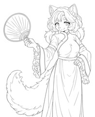 Black and white line art for coloring a cute anime princess girl with ears. Anime fox girl in a traditional dress with a fan.