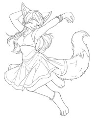 Black and white line art for coloring of a dancing anime girl with ears and tail in a fluttering dress.