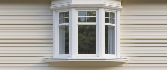 Fototapeta premium White Bay Window in a House With Vinyl Siding.
