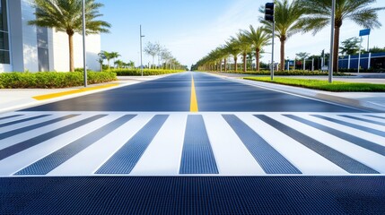 Obraz premium A wide-angle view of tactile paving installed along a crosswalk, highlighting its importance for accessibility and safety in urban areas.