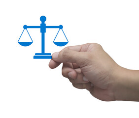 Hand holding law flat icon in fingers isolated on white background, Business legal service concept