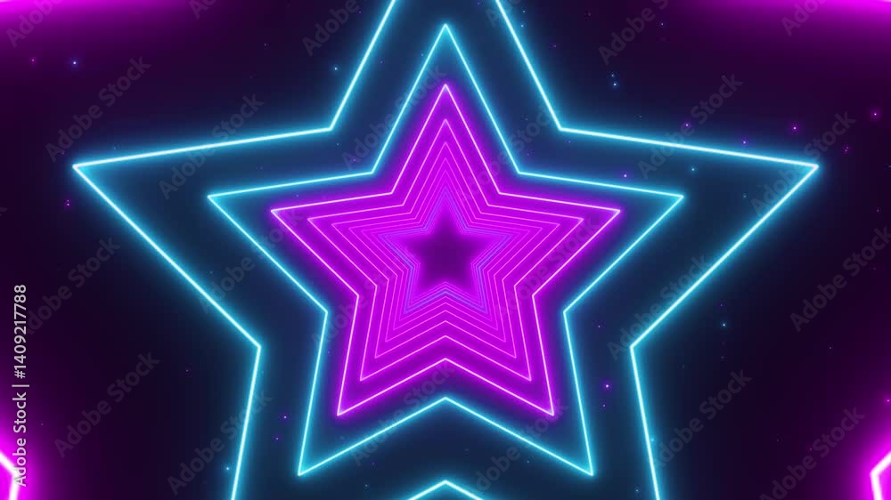 Wall mural abstract star tunnel background with glowing neon lights loop animation, technology and game pink an