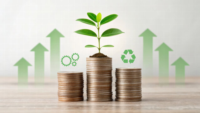 Growing plant on coins symbolizes sustainable investment and economic growth, highlighting eco friendly practices