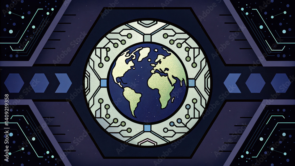 Poster digital globe design with circuit patterns, symbolizing technology and connectivity. image evokes se