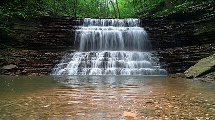 Obraz premium Scenic Waterfall Flowing Over Rocky Ledges Into Clear Pool in Forest