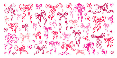 Bow ribbon set. Pink coquette vector. Vintage gift bow coquette pattern. Cute ribbon illustration bg. Hand drawn tie. Sketch red and pink present. Line bows and heart watercolor. Doodle pencil y2k bg