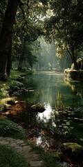 Calm water reflects sunlight through trees in a dense green forest.