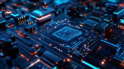 Obraz premium Abstract technology background digital circuit board glowing blue and orange chip data light cyber