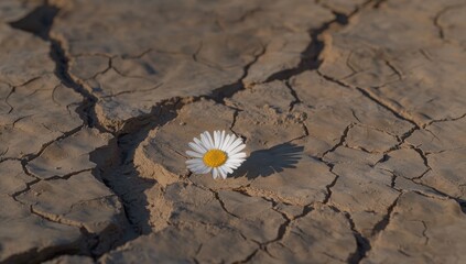 Single daisy in cracked earth