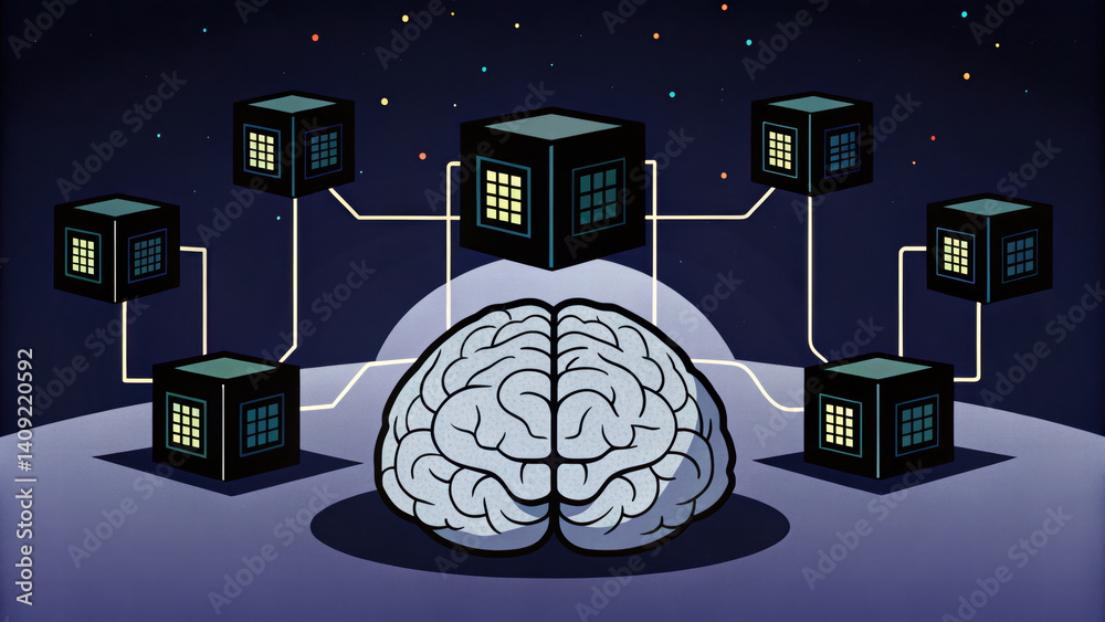 Poster digital brain connected to multiple data blocks, symbolizing advanced technology and artificial inte