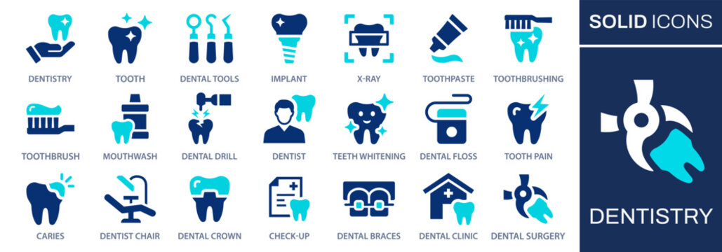Dentistry icon set. Vector graphics collection with tooth, dentist, implant, braces, clinic and more. Two-color icons easily adapt to your design.