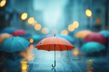 A vibrant scene of colorful umbrellas in the rain, creating a serene yet dynamic urban atmosphere with blurred lights in the background.
