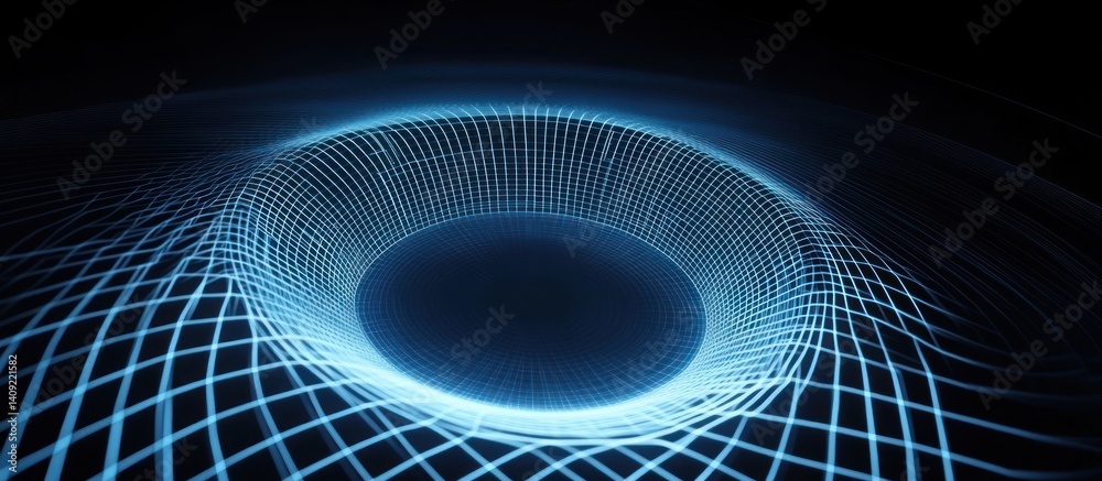 Poster abstract glowing blue wireframe tunnel disappearing into the void rendering