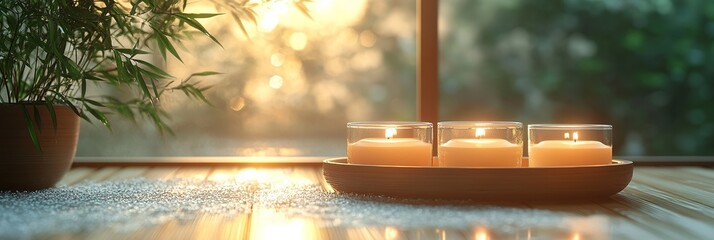 Three candles burning on a windowsill with a plant in the background.