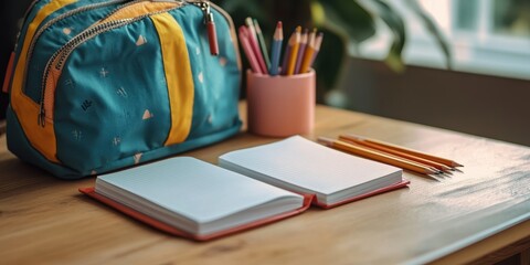 Back to School Essentials: A curated arrangement of school supplies including pencils, notebooks, and a backpack, sit atop a wooden desk bathed in natural light.