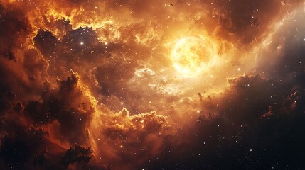 Fototapeta premium Abstract Cosmic Nebula Scene with Bright Sun Surrounded by Fiery Orange Hues