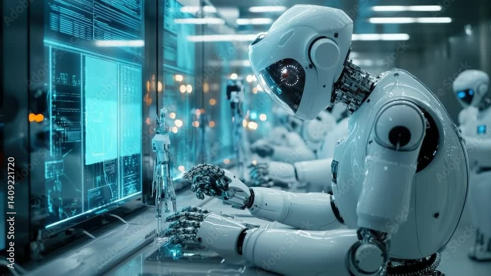 Poster a futuristic laboratory where advanced humanoid robots work on high-tech research,analyzing data thr