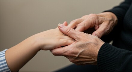A caring senior and a young person holding hands in a warm, supportive gesture 