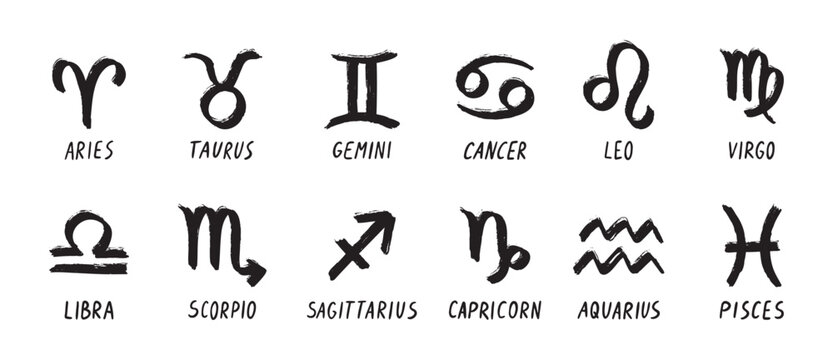 Hand drawn grunge zodiac signs esoteric symbol doodle drawing set. astrology clipart elements zodiac elements