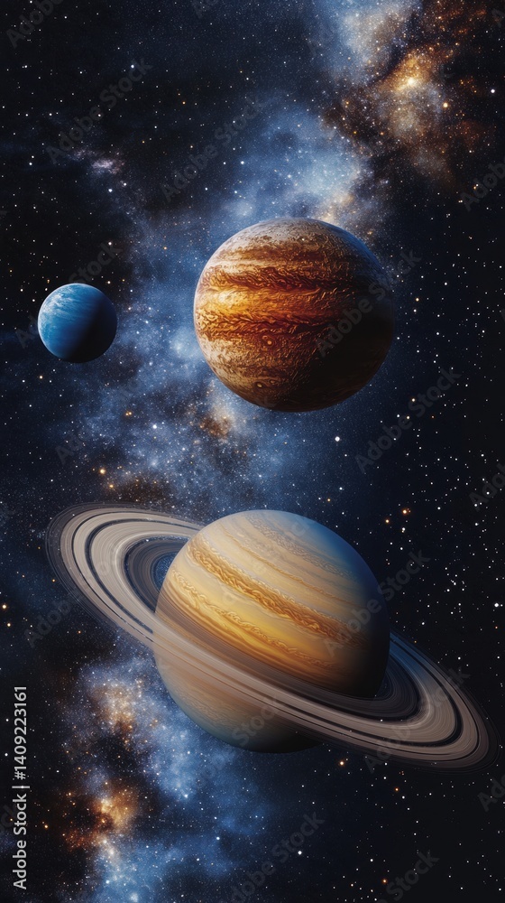 Wall mural majestic planetary alignment in deep space with vibrant nebulae and cosmic dust creating a celestial