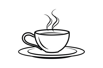 Line art illustration of a steaming cup of coffee on a sauce.eps