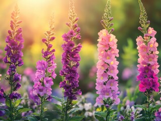 Obraz premium Serene floral display of vibrant snapdragon flowers in a garden setting bathed in soft sunlight and a dreamy bokeh background creating a tranquil and inviting atmosphere