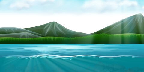 Serene Mountain Lake Scenery Illustration
