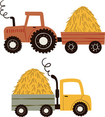 Vector illustration in flat children's style featuring a farm tractor with a hay trailer and a truck on a white isolated background. Perfect for kids' prints, books, games, and educational materials.